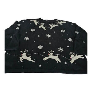 VTG Reference Point Petite Sz 2X Christmas Sweater Black Pullover with Reindeer